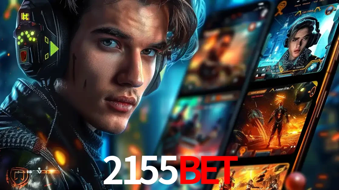 Jovem jogador com fones de ouvido olhando para a câmera, com um aplicativo de jogos e e-sports para celular ao fundo, pronto para a competição e apostas no 2155bet.