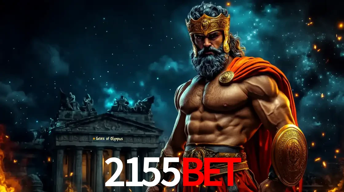 O poderoso Zeus do jogo de slot Gates of Olympus em frente ao seu templo, pronto para lançar multiplicadores divinos e prêmios épicos no cassino online 2155bet.