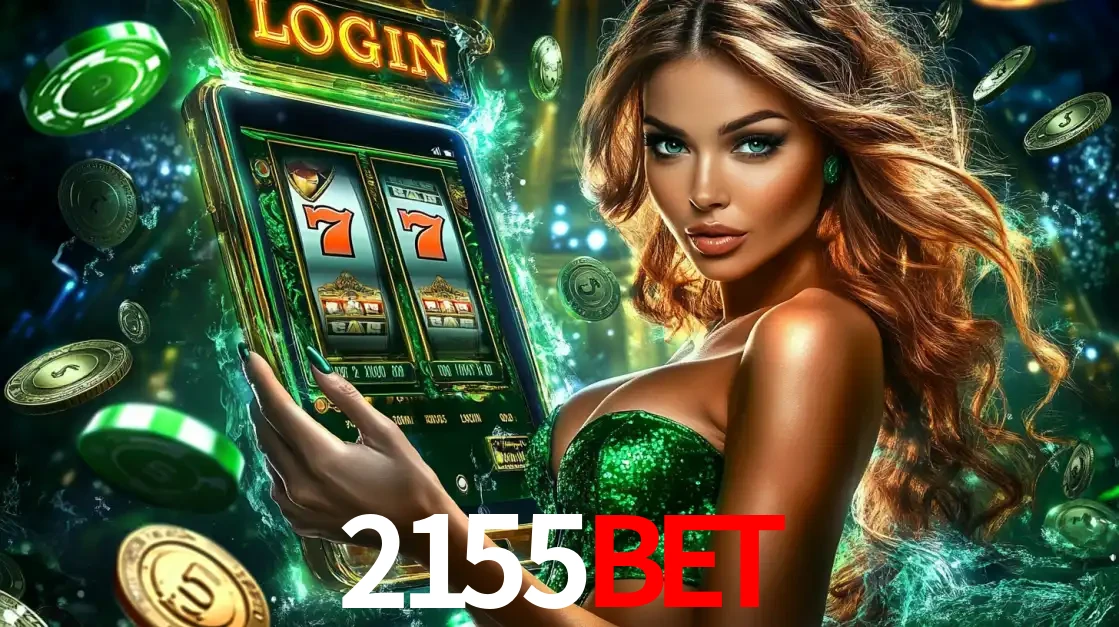 Mulher com tema verde apresentando o aplicativo do cassino 2155bet com um jogo de slot de 777, cercada por fichas de cassino e uma aura de sorte.