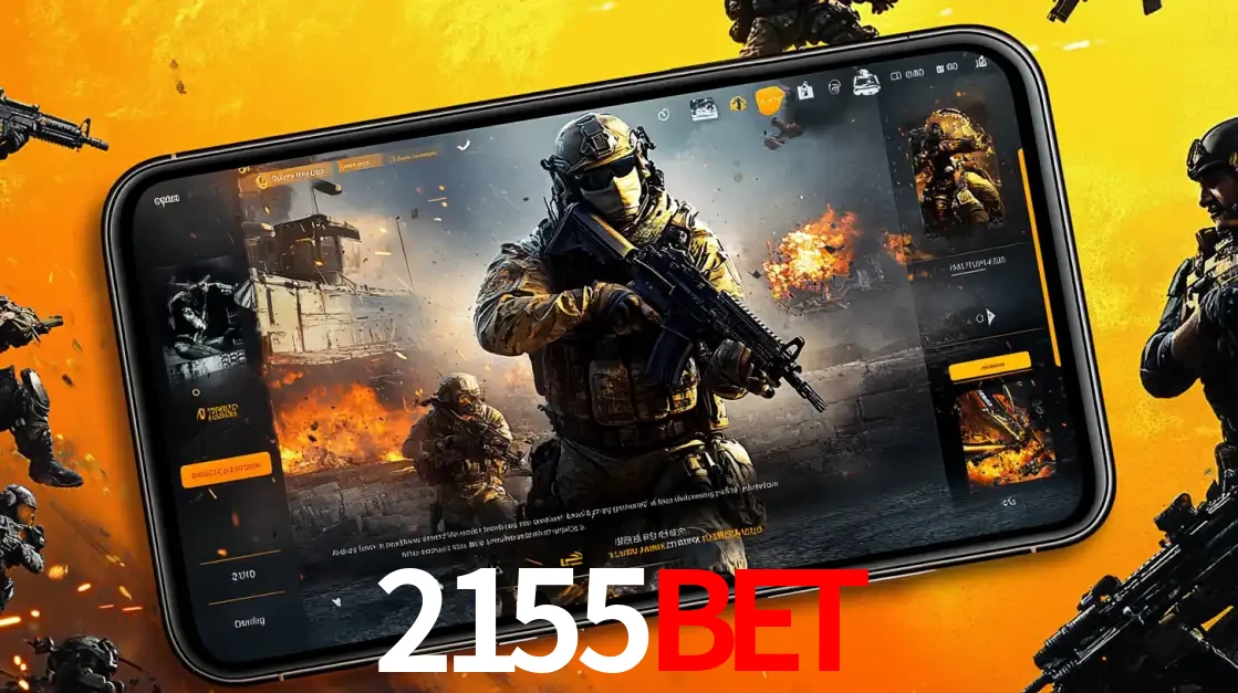 Um smartphone exibindo a interface de um jogo de tiro em primeira pessoa, com um soldado em um cenário de batalha, representando a ação dos e-sports para apostar no 2155bet.