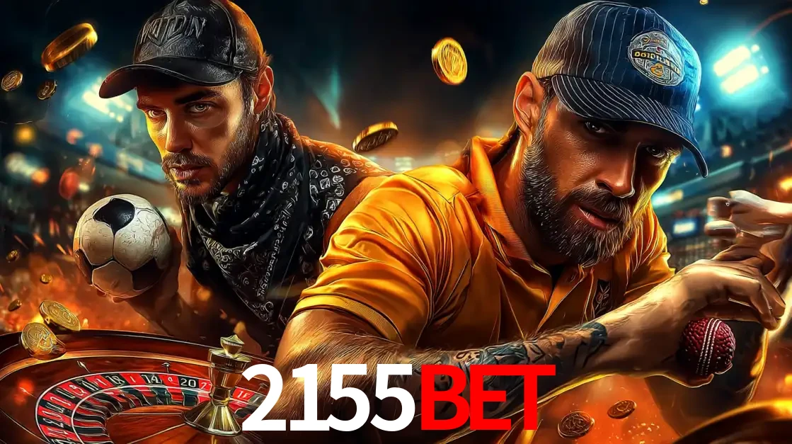 Montagem de apostas esportivas e cassino no 2155bet, com um homem segurando uma bola de futebol e outro uma de beisebol sobre uma roleta e moedas voadoras.