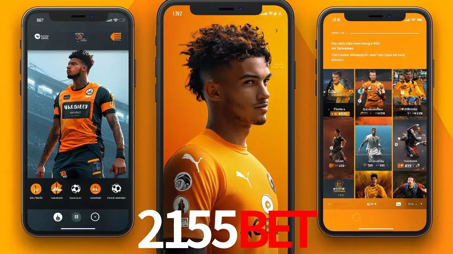 Interface do aplicativo de apostas esportivas 2155bet em três telas de celular, mostrando o perfil de um jogador de futebol e a lista de jogos disponíveis para apostar.