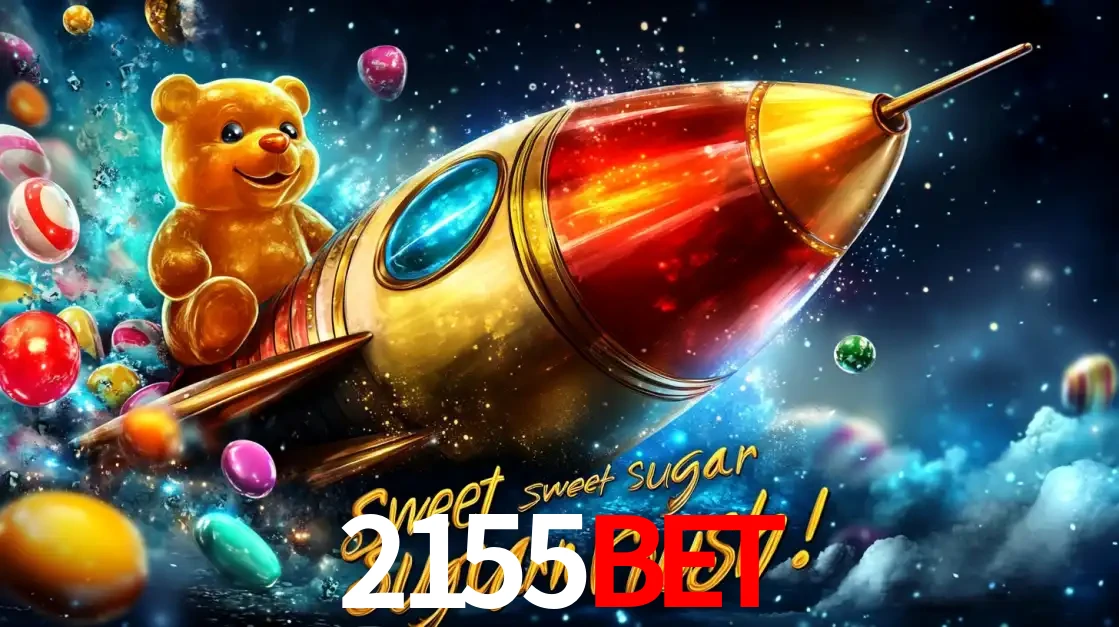 Arte promocional do jogo de slot Sugar Rush, com um urso de pelúcia em um foguete viajando pelo espaço de doces, um dos jogos divertidos disponíveis no cassino 2155bet.