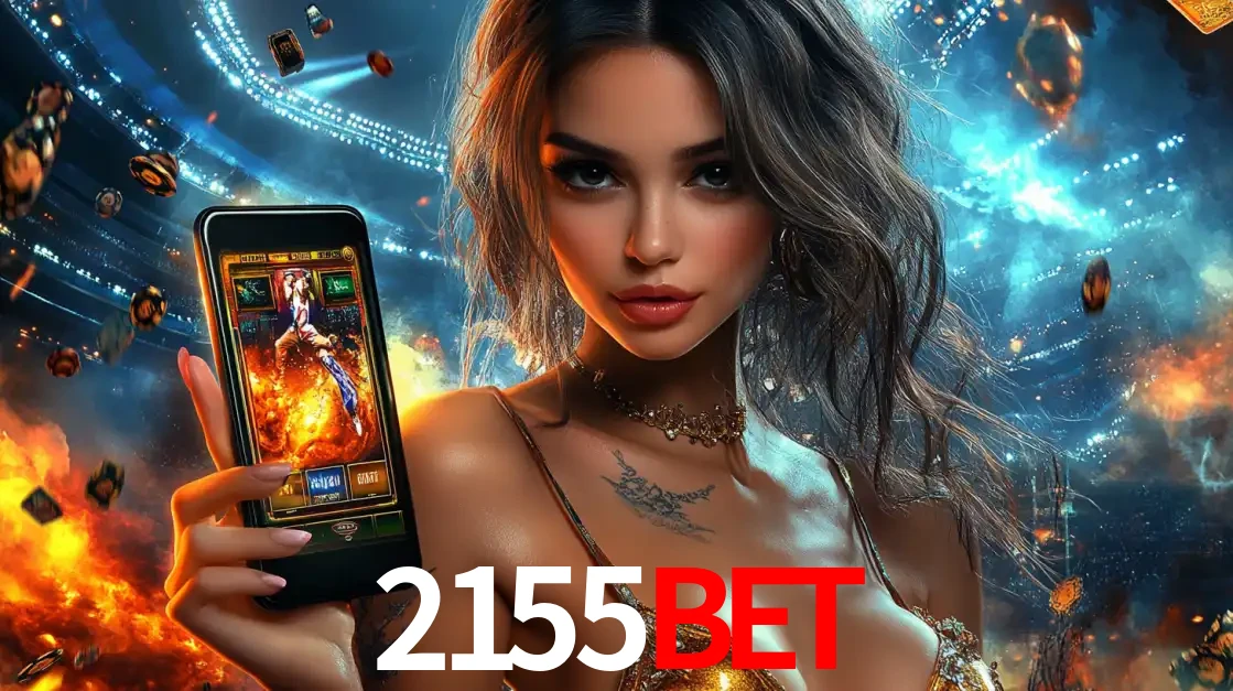 Mulher segurando um celular com um jogo de slot em destaque, tendo como fundo um estádio vibrante, simbolizando a emoção de jogar no cassino móvel 2155bet.