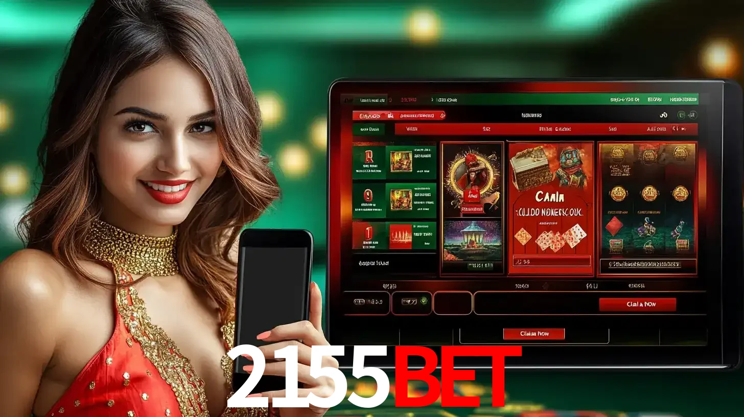 Mulher sorridente segurando um smartphone, ao lado de uma tela exibindo o lobby de jogos do cassino online 2155bet, com várias opções de jogos de cartas e slots.